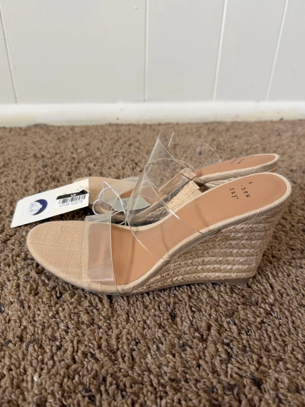 A New Day Clear Strap Espadrille Wedge Sandals Nude Beige Size 6 NWT